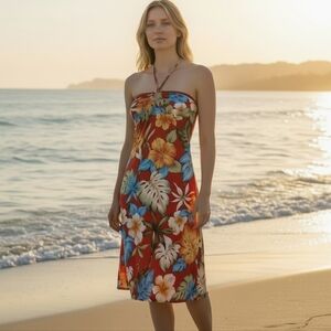 Vintage 90s Y2K Feline Floral Mini Dress Med Coastal Cowgirl Summer Resort